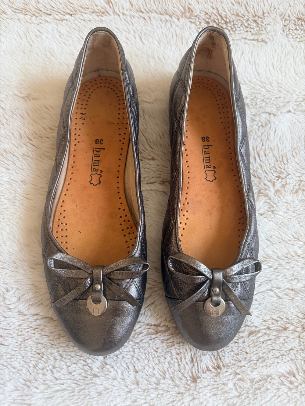 🩶 Bama Couture Italian Leather Ballet Flats Y2K Quilted Metallic Bow Quiet Luxe